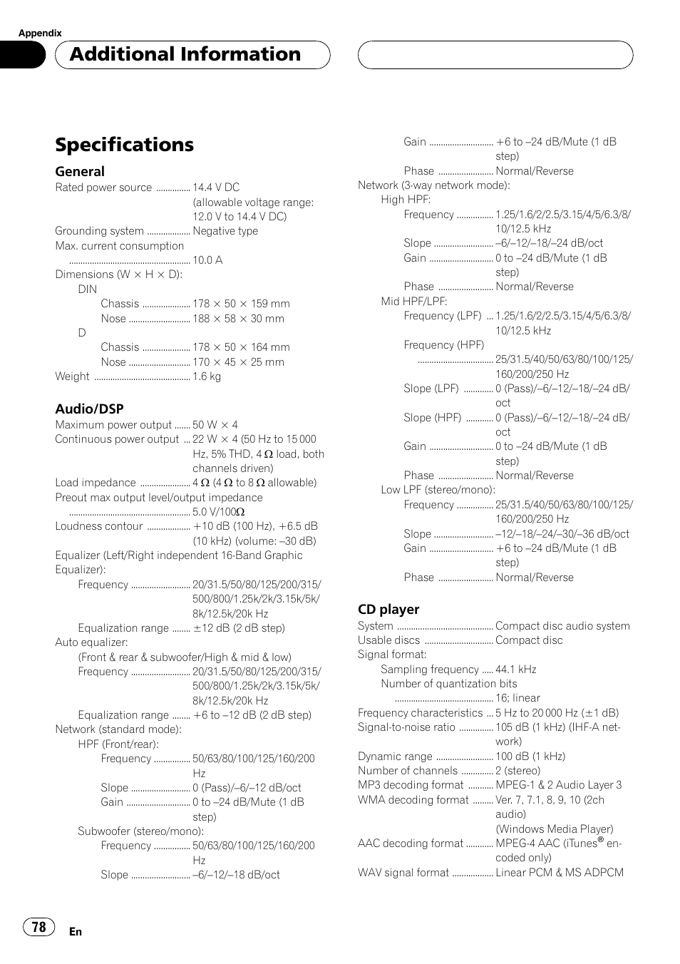 Specifications, Additional information, General | Audio/dsp, Cd player | Pioneer Super Tuner III D DEH-P80RS User Manual | Page 78 / 165