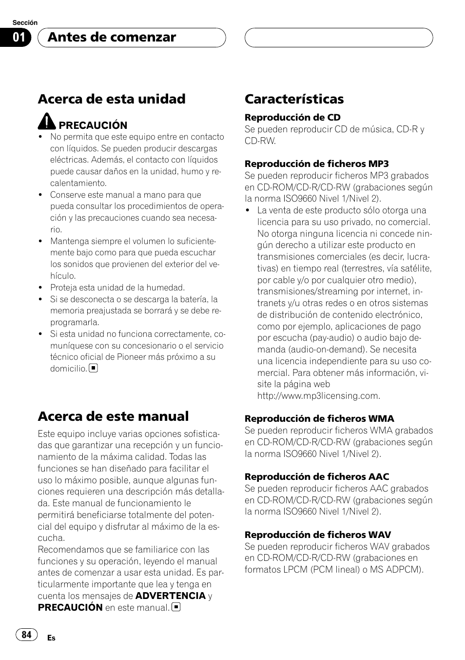 Antes de comenzar, Acerca de esta unidad, Acerca de este manual | Características | Pioneer Super Tuner III D DEH-P80RS User Manual | Page 84 / 165