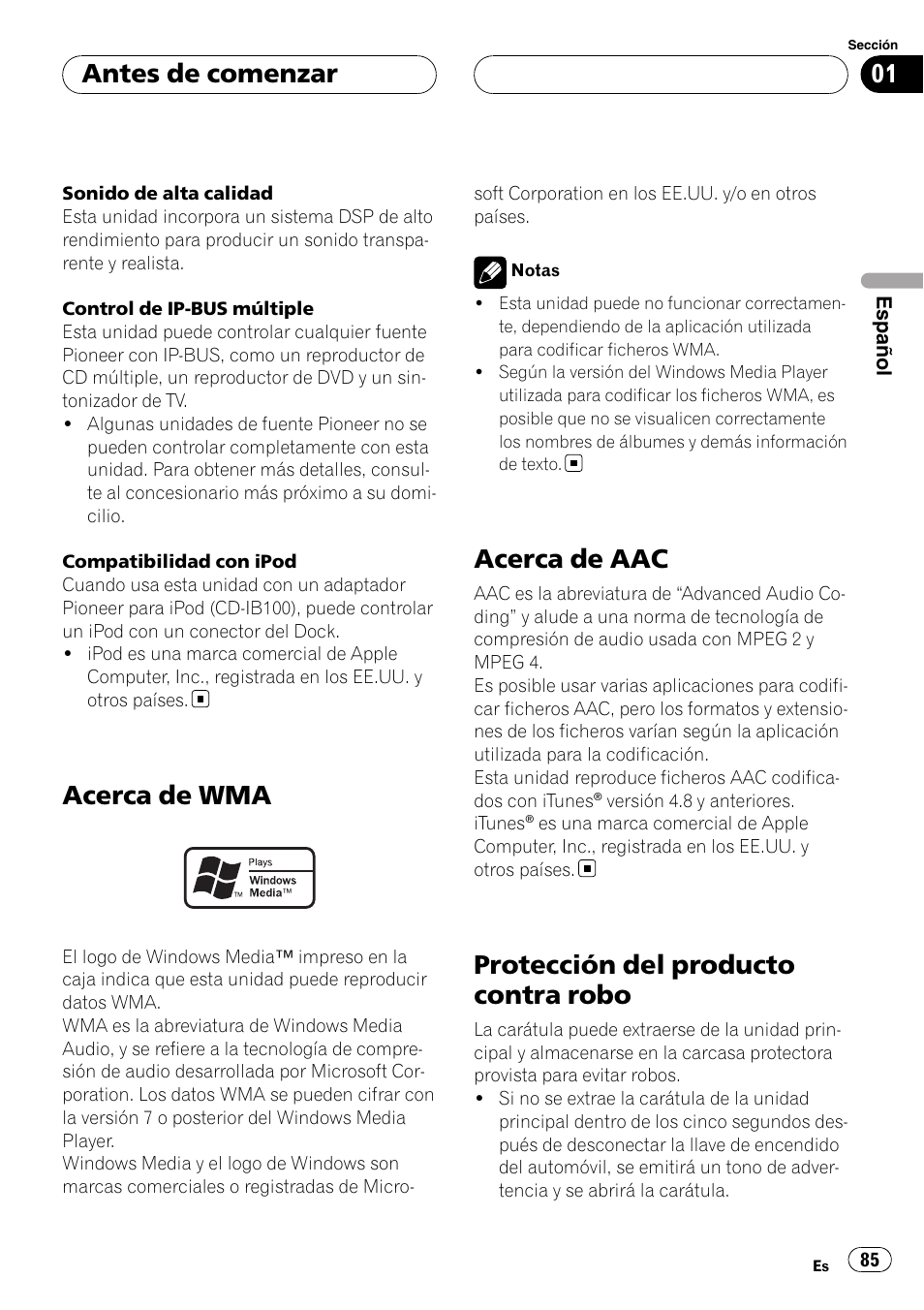 Acerca de wma, Acerca de aac, Protección del producto contra robo | Antes de comenzar | Pioneer Super Tuner III D DEH-P80RS User Manual | Page 85 / 165