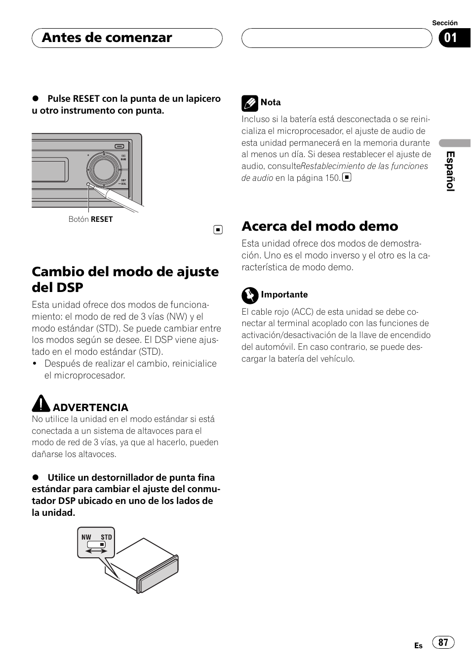 Cambio del modo de ajuste del dsp, Acerca del modo demo, Antes de comenzar | Pioneer Super Tuner III D DEH-P80RS User Manual | Page 87 / 165