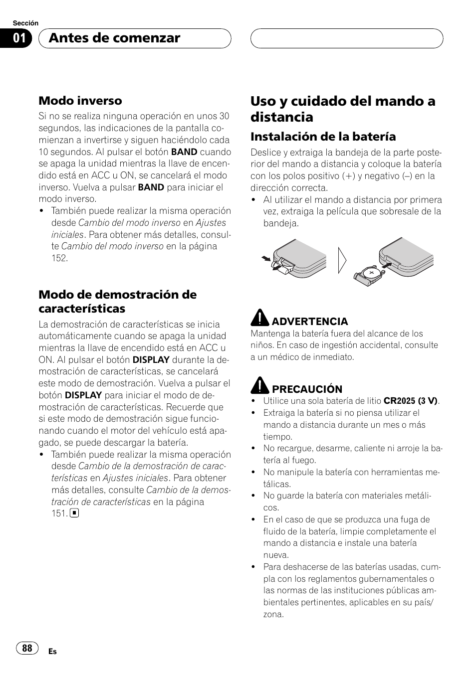 Modo inverso 88, Modo de demostración de, Características | Uso y cuidado del mando a distancia, Instalación de la batería 88, Antes de comenzar, Modo inverso, Modo de demostración de características, Instalación de la batería | Pioneer Super Tuner III D DEH-P80RS User Manual | Page 88 / 165