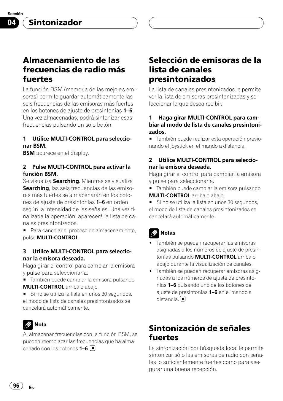 Almacenamiento de las frecuencias de radio, Más fuertes, Selección de emisoras de la lista de canales | Presintonizados, Sintonización de señales fuertes, Sintonizador | Pioneer Super Tuner III D DEH-P80RS User Manual | Page 96 / 165