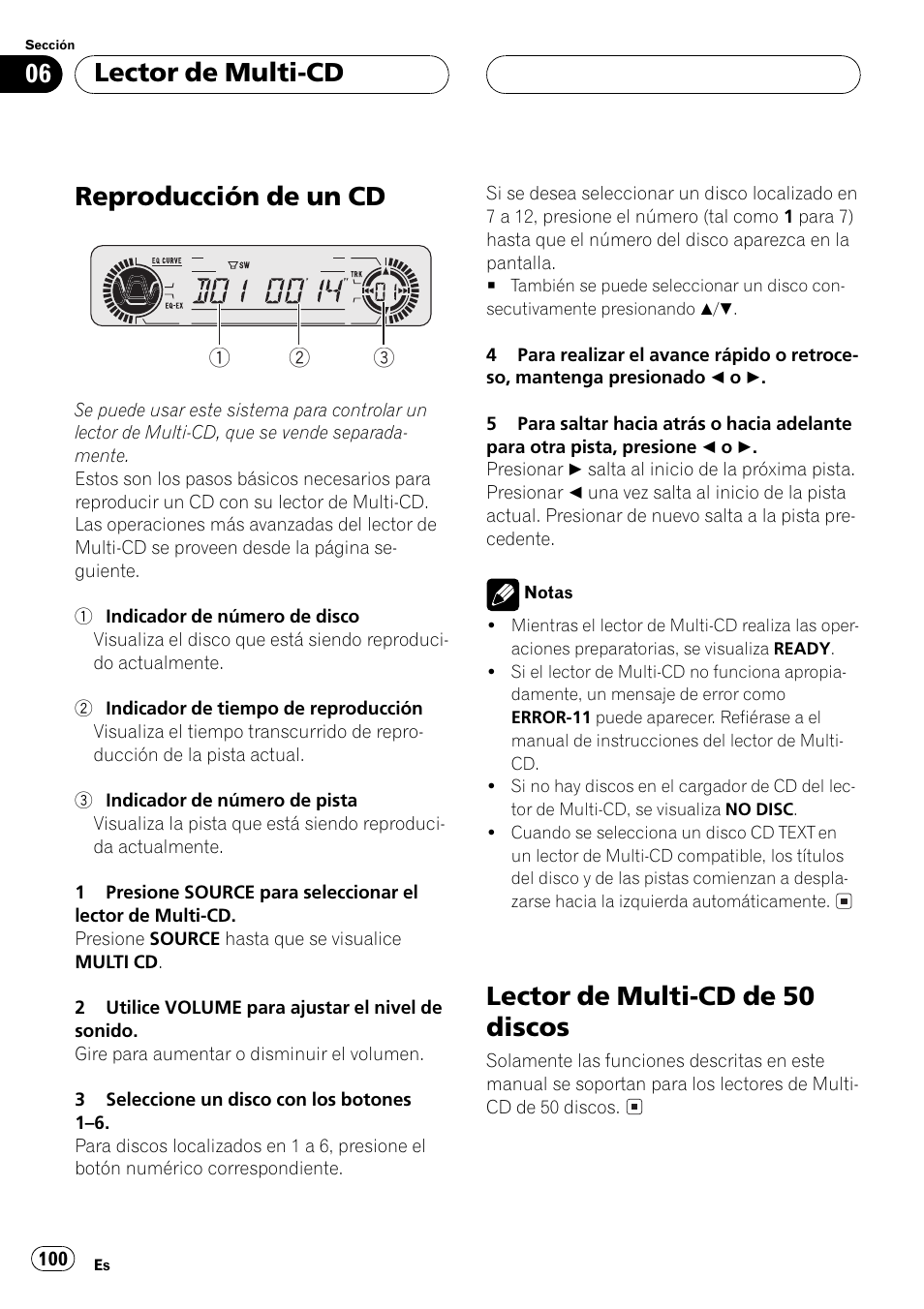 Lector de multi-cd, Reproducción de un cd 100, Lector de multi-cd de 50 discos 100 | Reproducción de un cd, Lector de multi-cd de 50 discos | Pioneer DEH-P350 User Manual | Page 100 / 124