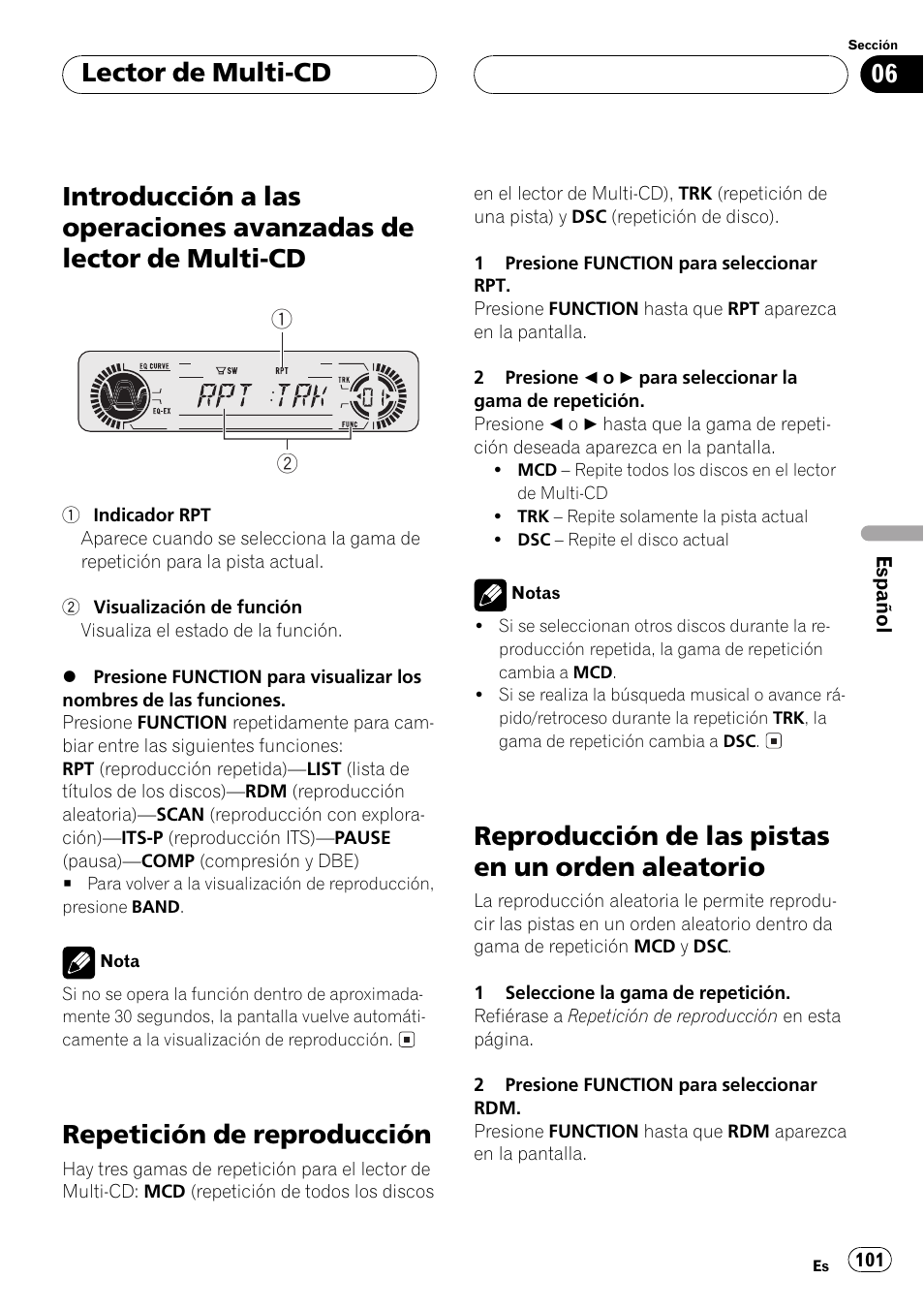 Introducción a las operaciones avanzadas de, Lector de multi-cd 101, Repetición de reproducción 101 | Reproducción de las pistas en un orden, Aleatorio 101, Repetición de reproducción, Reproducción de las pistas en un orden aleatorio, Lector de multi-cd | Pioneer DEH-P350 User Manual | Page 101 / 124