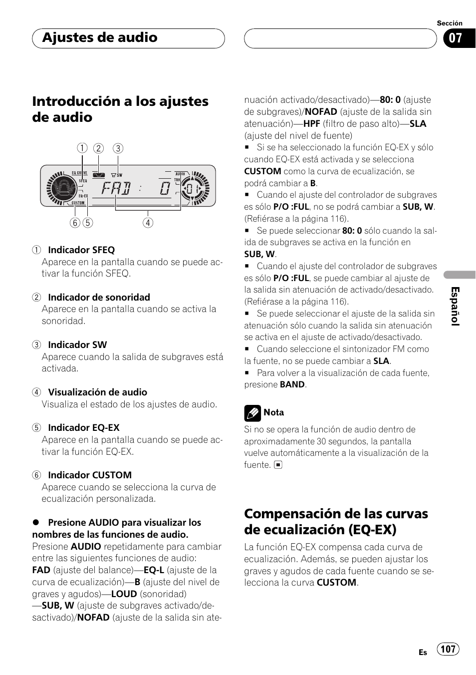 Ajustes de audio, Introducción a los ajustes de audio 107, Compensación de las curvas de ecualización | Eq-ex) 107, Introducción a los ajustes de audio, Compensación de las curvas de ecualización (eq-ex) | Pioneer DEH-P350 User Manual | Page 107 / 124