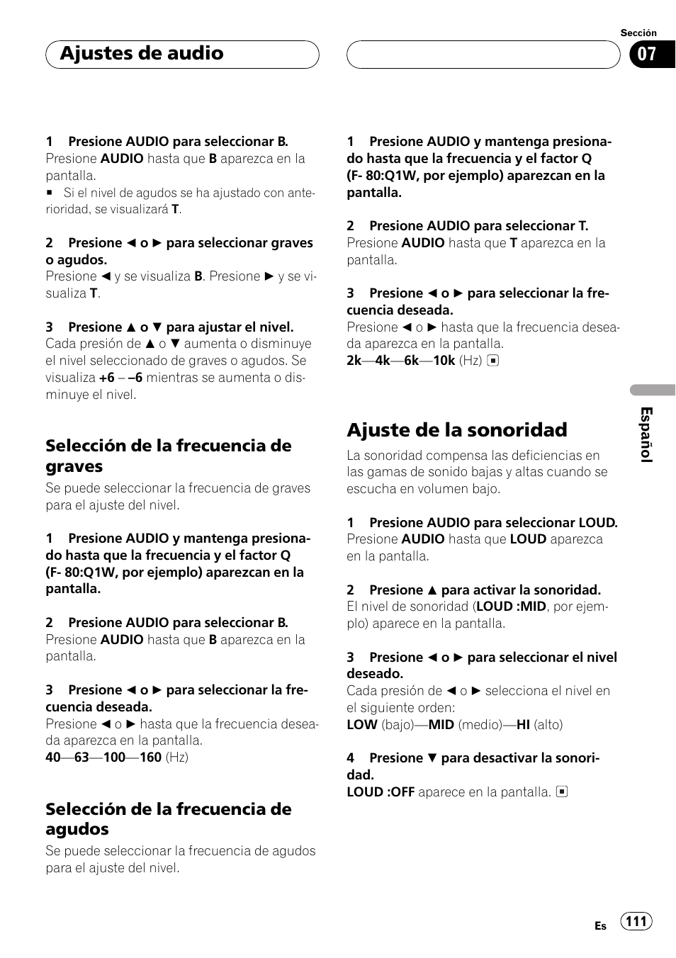 Selección de la frecuencia de, Graves 111, Agudos 111 | Ajuste de la sonoridad 111, Ajuste de la sonoridad, Ajustes de audio | Pioneer DEH-P350 User Manual | Page 111 / 124