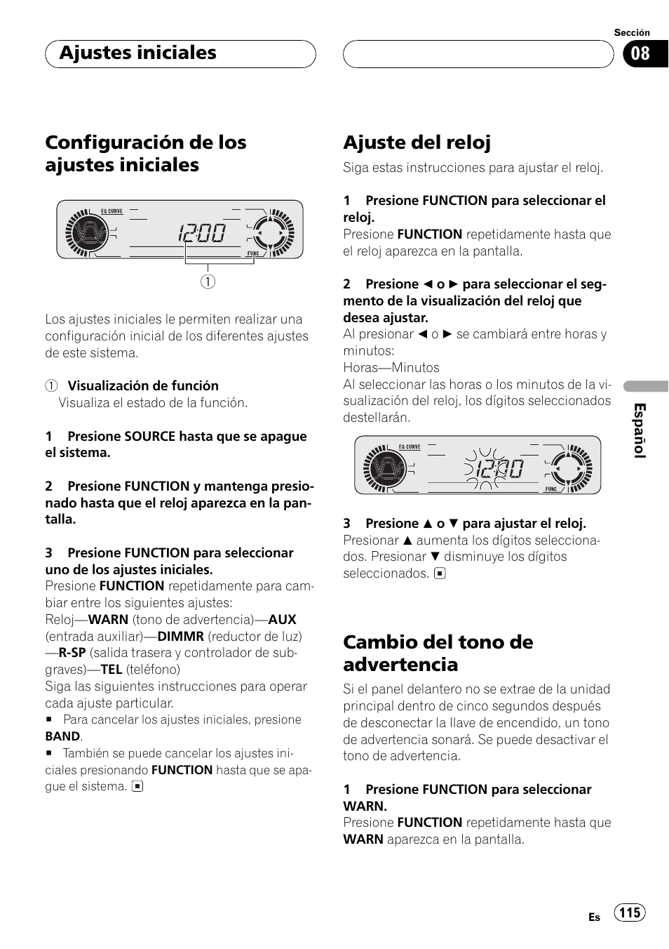 Ajustes iniciales, Configuración de los ajustes iniciales 115, Ajuste del reloj 115 | Cambio del tono de advertencia 115, Configuración de los ajustes iniciales, Ajuste del reloj, Cambio del tono de advertencia | Pioneer DEH-P350 User Manual | Page 115 / 124