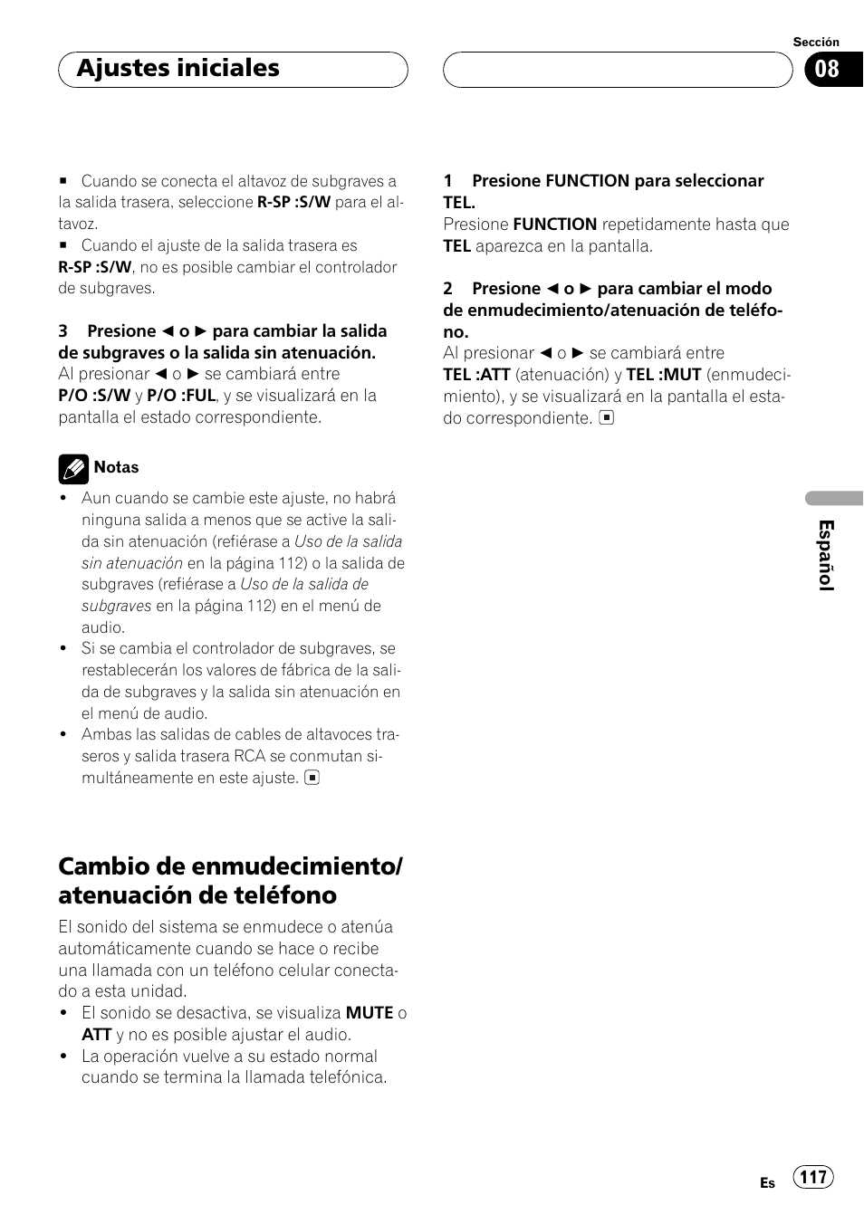 Cambio de enmudecimiento/atenuación de, Teléfono 117, Cambio de enmudecimiento/ atenuación de teléfono | Ajustes iniciales | Pioneer DEH-P350 User Manual | Page 117 / 124