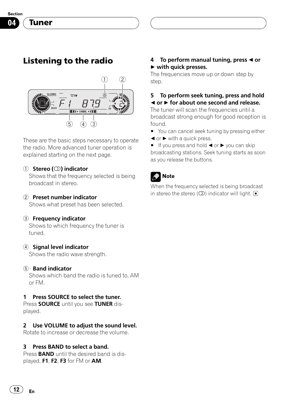 Tuner listening to the radio 12, Listening to the radio, Tuner | Pioneer DEH-P350 User Manual | Page 12 / 124