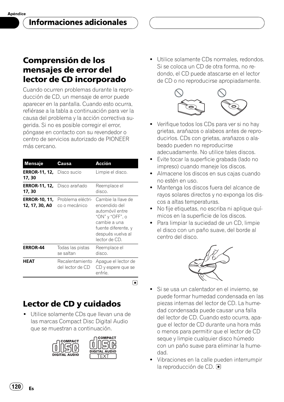 Informaciones adicionales, Comprensión de los mensajes de error del, Lector de cd incorporado 120 | Lector de cd y cuidados 120, Lector de cd y cuidados | Pioneer DEH-P350 User Manual | Page 120 / 124