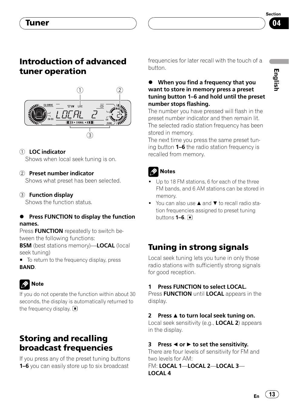 Introduction of advanced tuner, Operation 13, Storing and recalling broadcast | Frequencies 13, Tuning in strong signals 13, Introduction of advanced tuner operation, Storing and recalling broadcast frequencies, Tuning in strong signals, Tuner | Pioneer DEH-P350 User Manual | Page 13 / 124