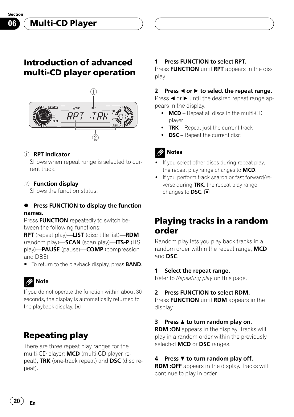 Introduction of advanced multi-cd player, Operation 20, Introduction of advanced multi-cd player operation | Repeating play, Playing tracks in a random order, Multi-cd player | Pioneer DEH-P350 User Manual | Page 20 / 124