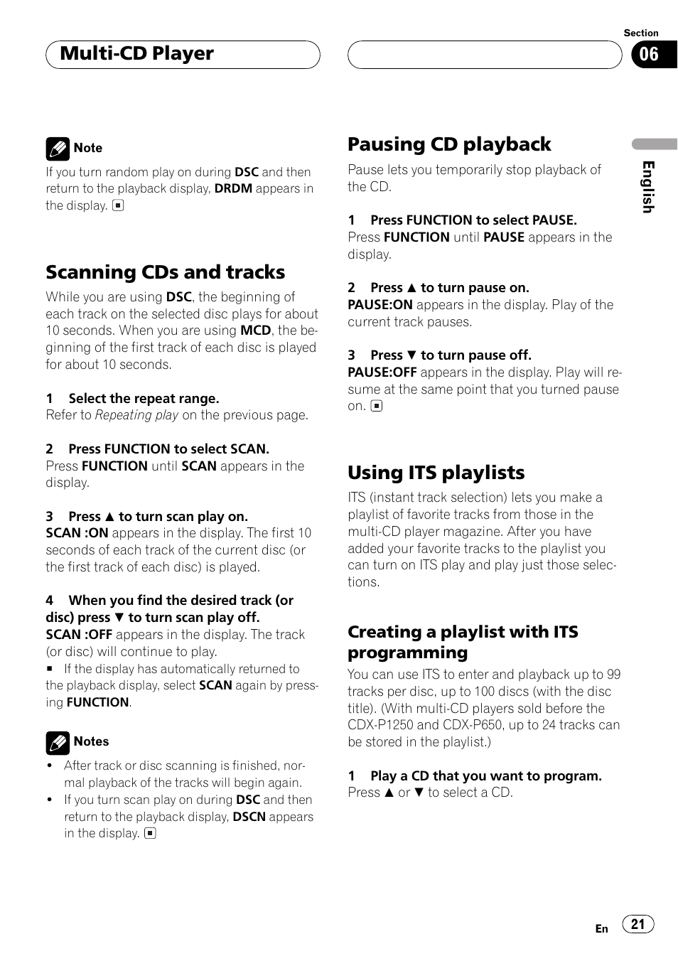 Creating a playlist with its, Programming 21, Scanning cds and tracks | Pausing cd playback, Using its playlists, Multi-cd player | Pioneer DEH-P350 User Manual | Page 21 / 124