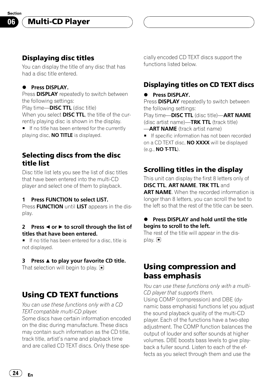 Displaying disc titles 24, Selecting discs from the disc title, List 24 | Using cd text functions 24, Displaying titles on cd text, Discs 24, Scrolling titles in the display 24, Using compression and bass emphasis 24, Using cd text functions, Using compression and bass emphasis | Pioneer DEH-P350 User Manual | Page 24 / 124