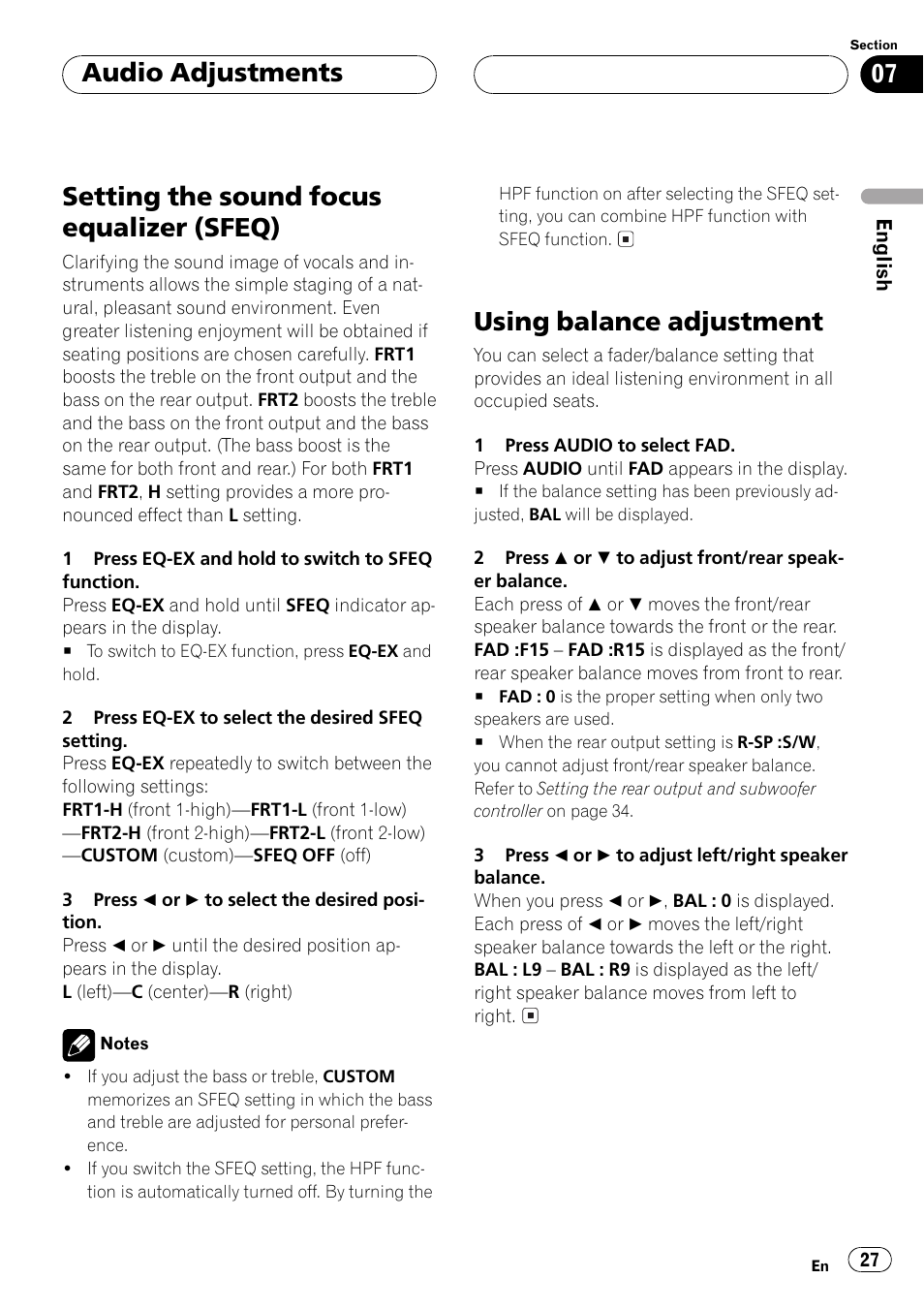 Setting the sound focus equalizer, Sfeq) 27, Using balance adjustment 27 | Setting the sound focus equalizer (sfeq), Using balance adjustment, Audio adjustments | Pioneer DEH-P350 User Manual | Page 27 / 124