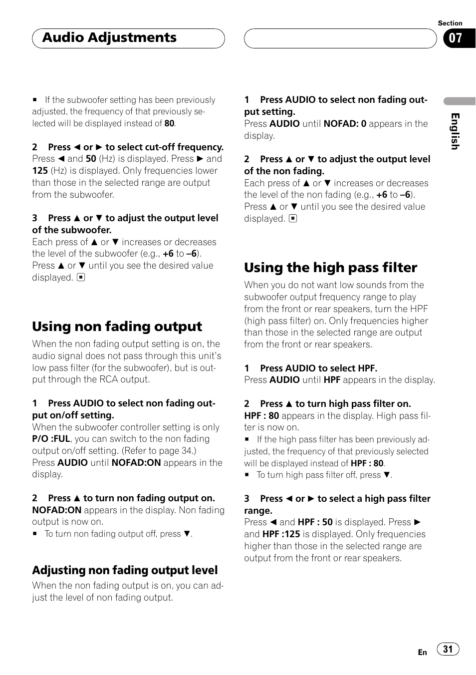 Using non fading output 31, Adjusting non fading output level 31, Using the high pass filter 31 | Using non fading output, Using the high pass filter, Audio adjustments, Adjusting non fading output level | Pioneer DEH-P350 User Manual | Page 31 / 124