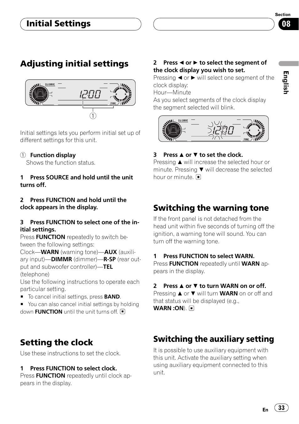 Adjusting initial settings, Setting the clock, Switching the warning tone | Switching the auxiliary setting, Initial settings | Pioneer DEH-P350 User Manual | Page 33 / 124