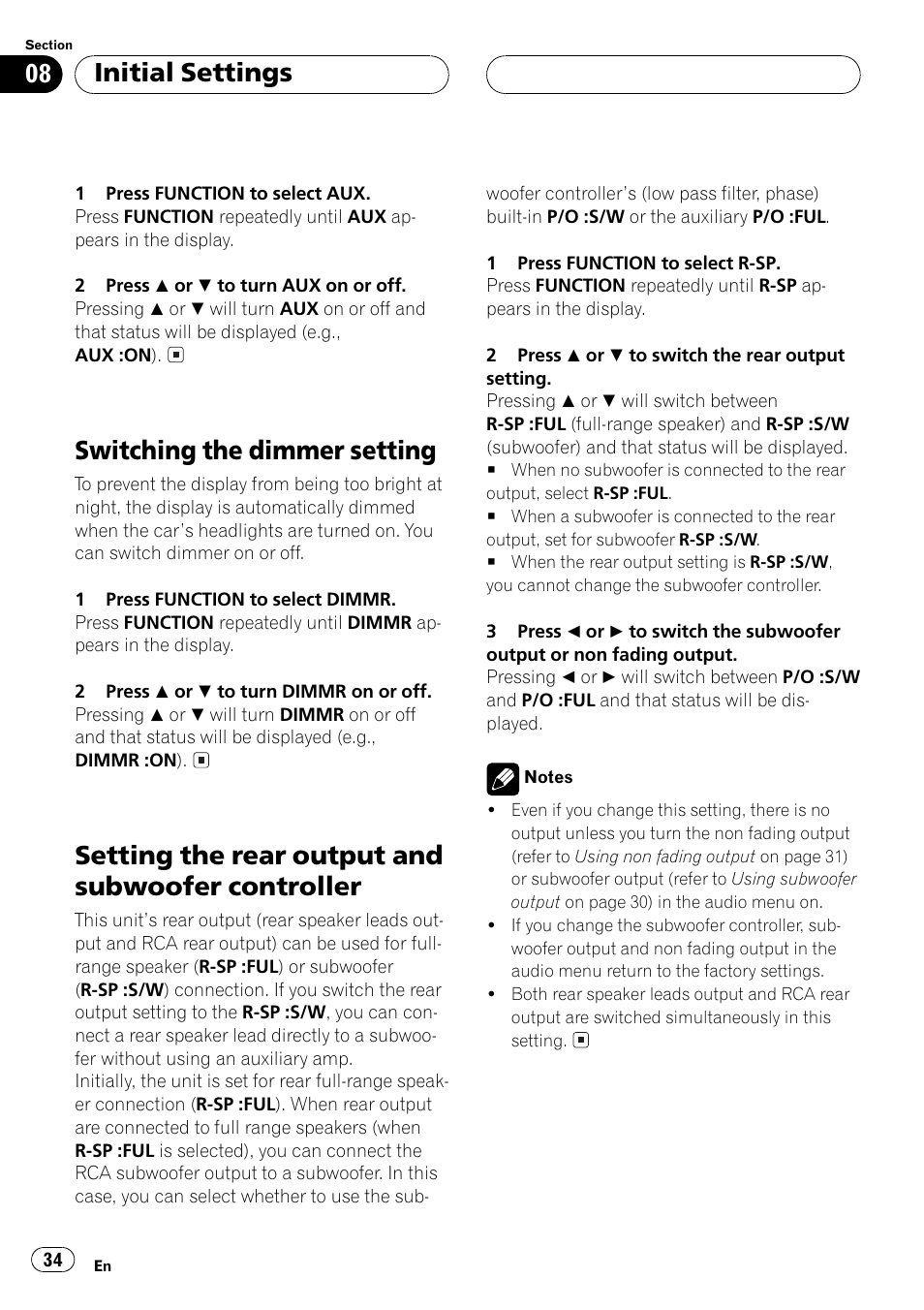 Controller 34, Switching the dimmer setting, Setting the rear output and subwoofer controller | Initial settings | Pioneer DEH-P350 User Manual | Page 34 / 124