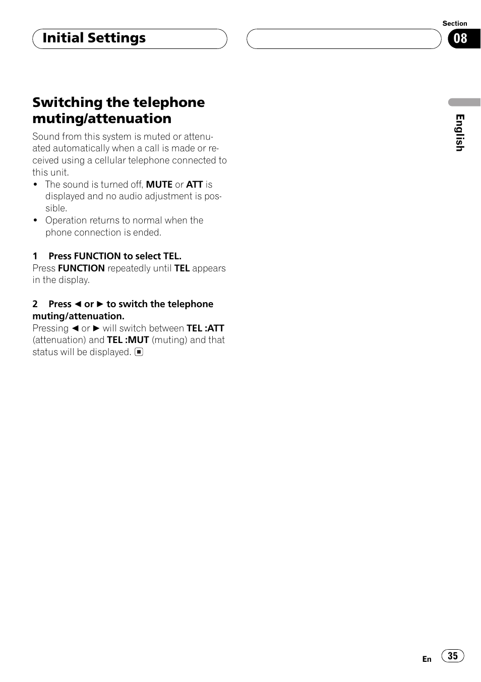 Switching the telephone muting, Attenuation 35, Switching the telephone muting/attenuation | Initial settings | Pioneer DEH-P350 User Manual | Page 35 / 124