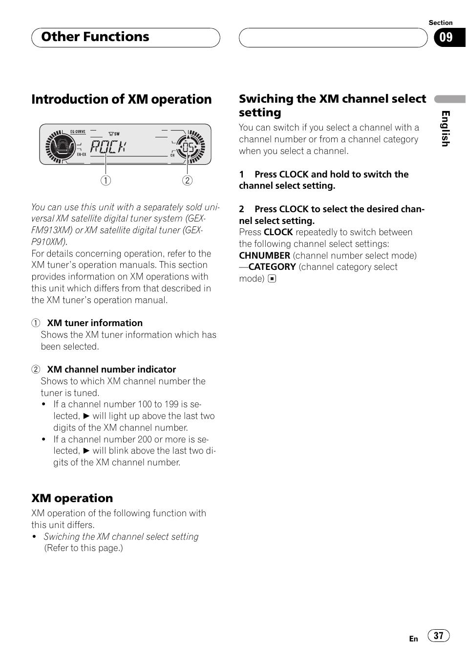 Introduction of xmoperation 37, Xmoperation 37, Swiching the xmchannel select | Setting 37, Introduction of xmoperation, Other functions | Pioneer DEH-P350 User Manual | Page 37 / 124
