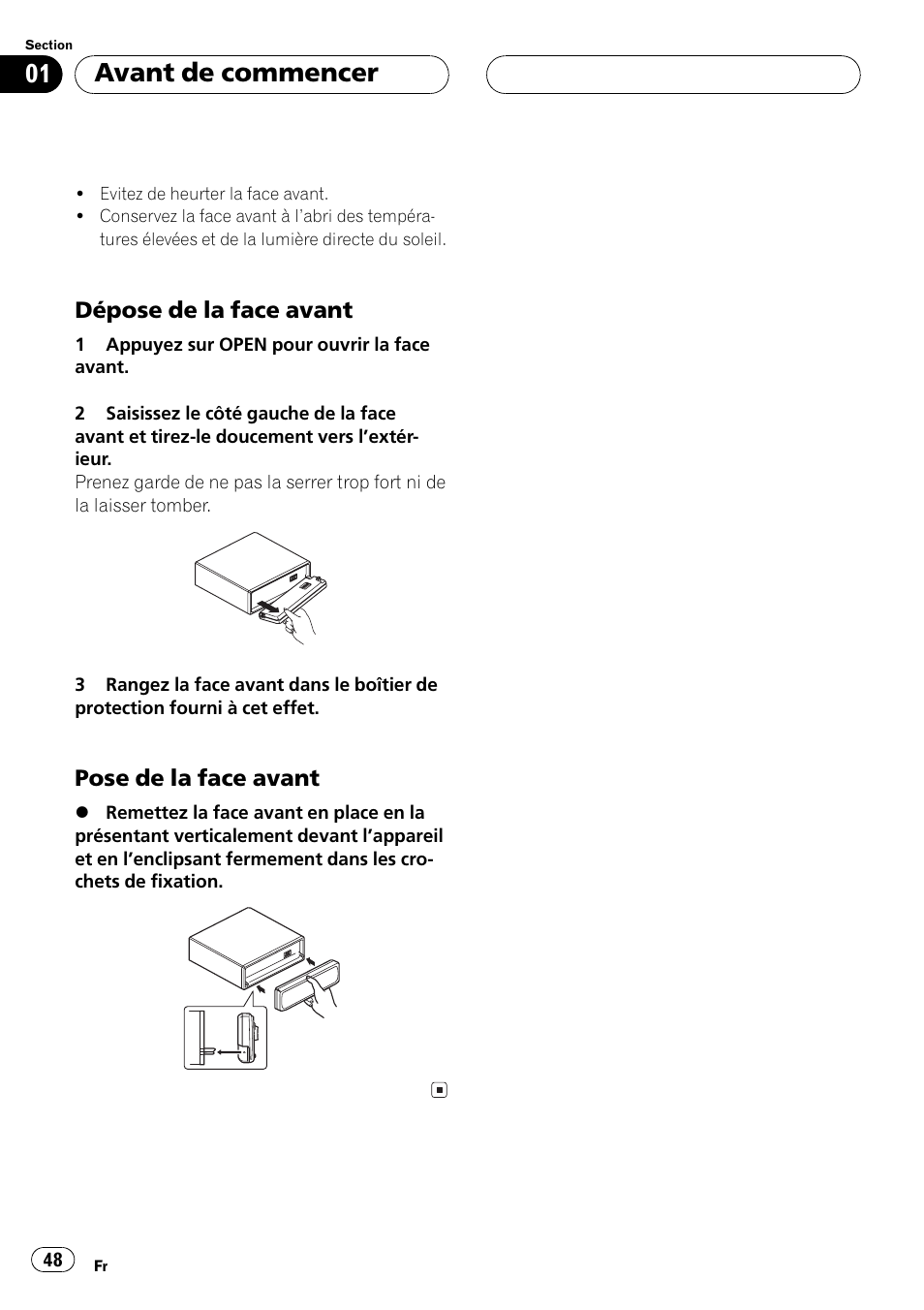 Dépose de la face avant 48, Pose de la face avant 48, Avant de commencer | Pioneer DEH-P350 User Manual | Page 48 / 124