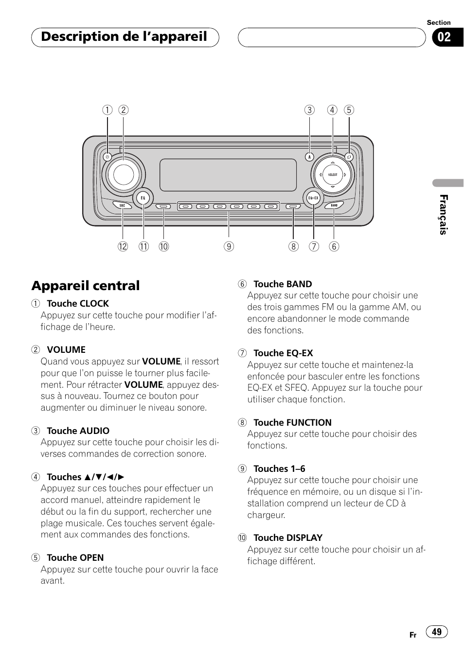 Description de lappareil appareil central 49, Appareil central, Description de lappareil | Pioneer DEH-P350 User Manual | Page 49 / 124