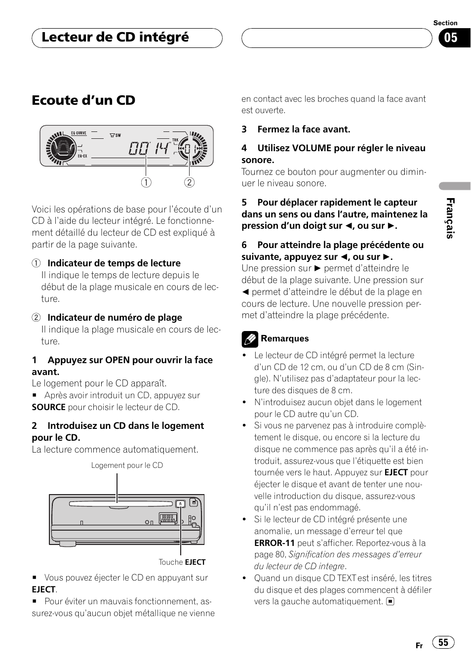 Lecteur de cd intégré ecoute dun cd 55, Ecoute dun cd, Lecteur de cd intégré | Pioneer DEH-P350 User Manual | Page 55 / 124