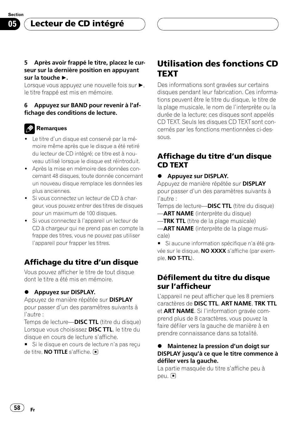 Affichage du titre dun disque 58, Utilisation des fonctions cd text 58, Affichage du titre dun disque cd | Text 58, Défilement du titre du disque sur, Lafficheur 58, Utilisation des fonctions cd text, Lecteur de cd intégré | Pioneer DEH-P350 User Manual | Page 58 / 124