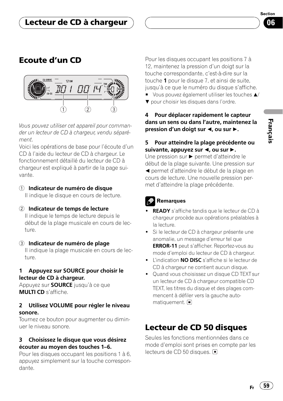 Ecoute dun cd, Lecteur de cd 50 disques, Lecteur de cd à chargeur | Pioneer DEH-P350 User Manual | Page 59 / 124