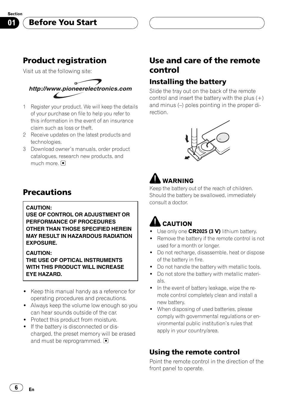Installing the battery 6, Using the remote control 6, Product registration | Precautions, Use and care of the remote control, Before you start | Pioneer DEH-P350 User Manual | Page 6 / 124
