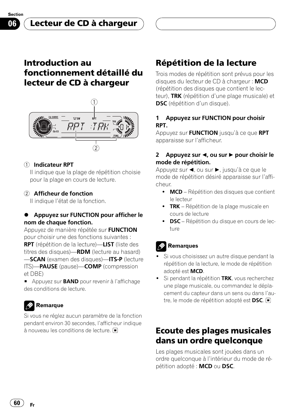 Introduction au fonctionnement détaillé du, Lecteur de cd à chargeur 60, Quelconque 60 | Répétition de la lecture, Lecteur de cd à chargeur | Pioneer DEH-P350 User Manual | Page 60 / 124