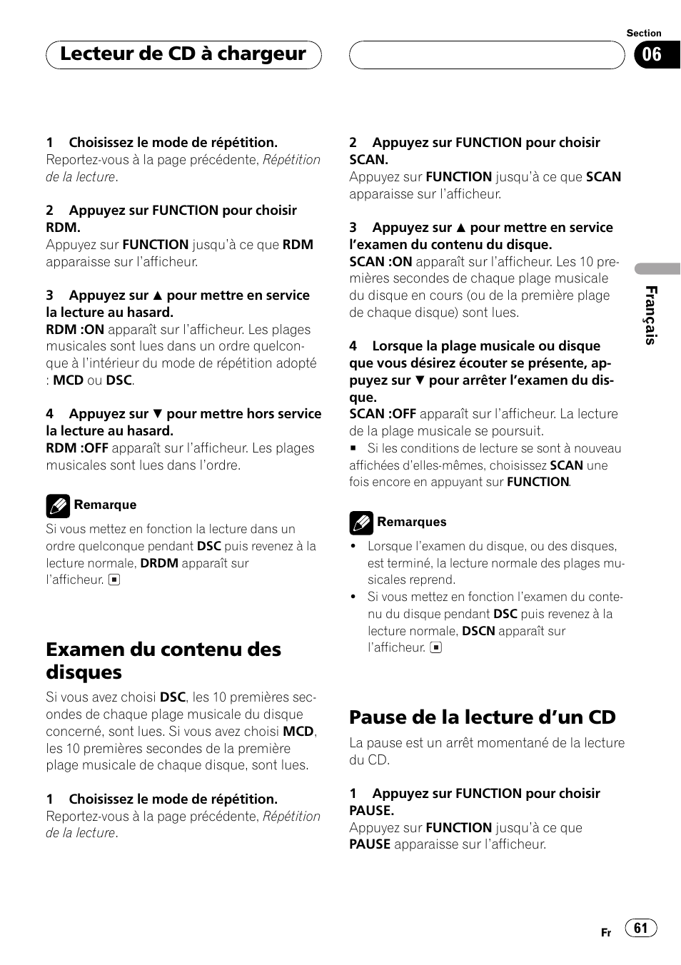 Examen du contenu des disques, Pause de la lecture dun cd, Lecteur de cd à chargeur | Pioneer DEH-P350 User Manual | Page 61 / 124