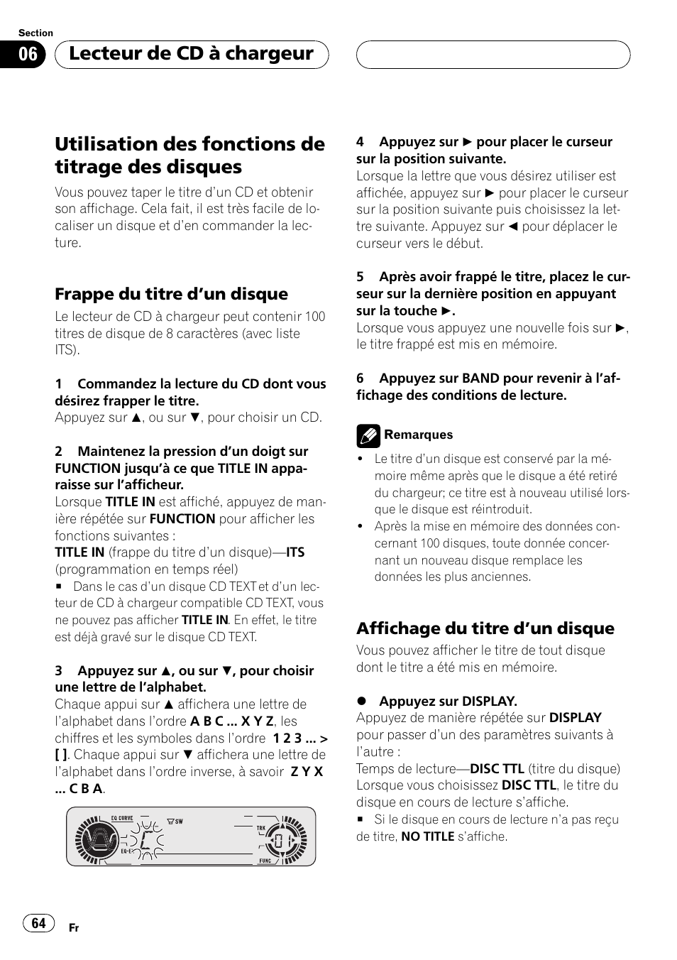 Utilisation des fonctions de titrage des, Disques 64, Frappe du titre dun disque 64 | Affichage du titre dun disque 64, Utilisation des fonctions de titrage des disques, Lecteur de cd à chargeur, Frappe du titre dun disque, Affichage du titre dun disque | Pioneer DEH-P350 User Manual | Page 64 / 124