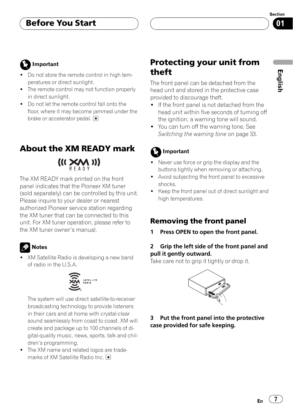 Removing the front panel 7, About the xmready mark, Protecting your unit from theft | Before you start, Removing the front panel | Pioneer DEH-P350 User Manual | Page 7 / 124