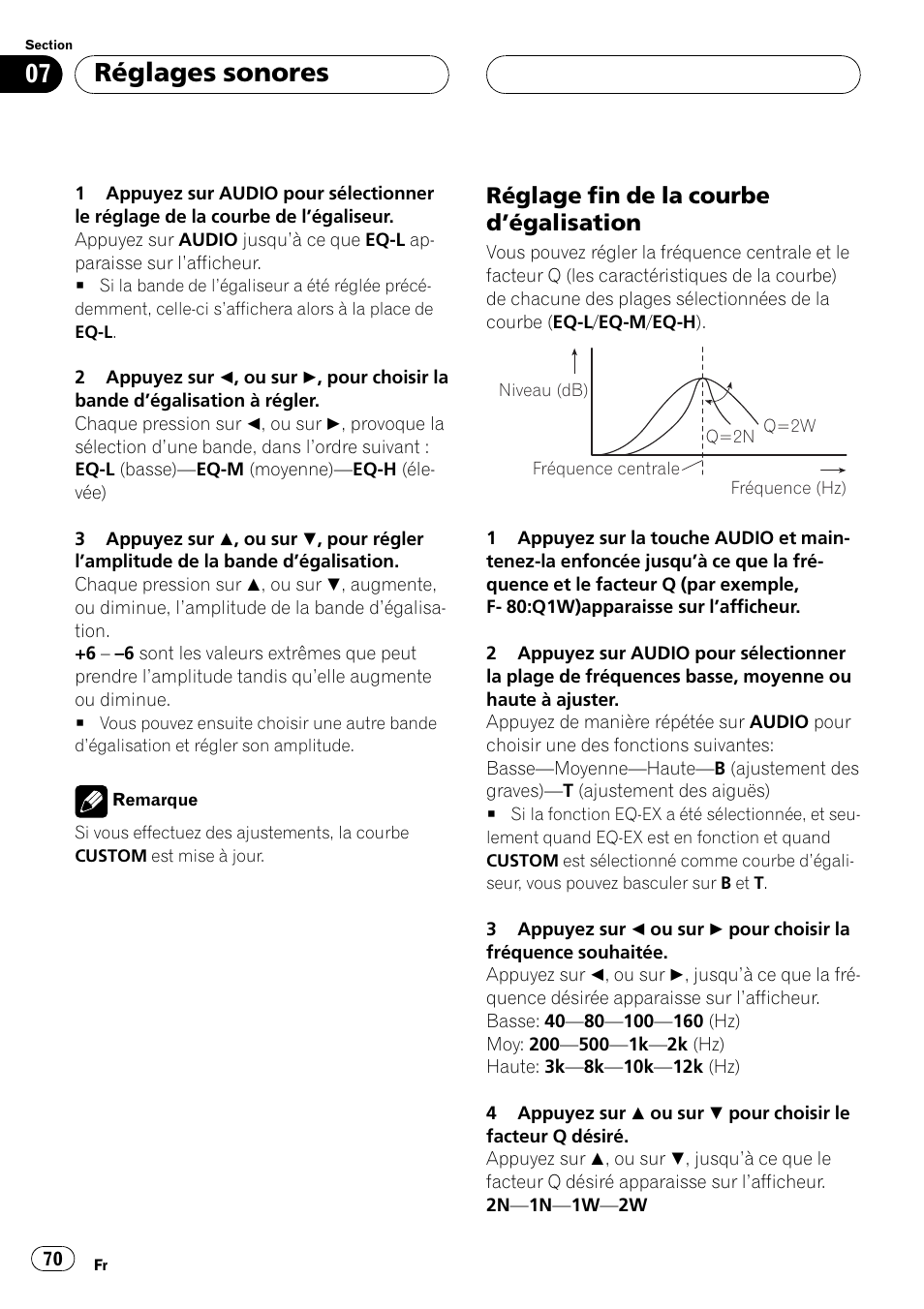 Réglage fin de la courbe, Dégalisation 70, Réglages sonores | Réglage fin de la courbe dégalisation | Pioneer DEH-P350 User Manual | Page 70 / 124