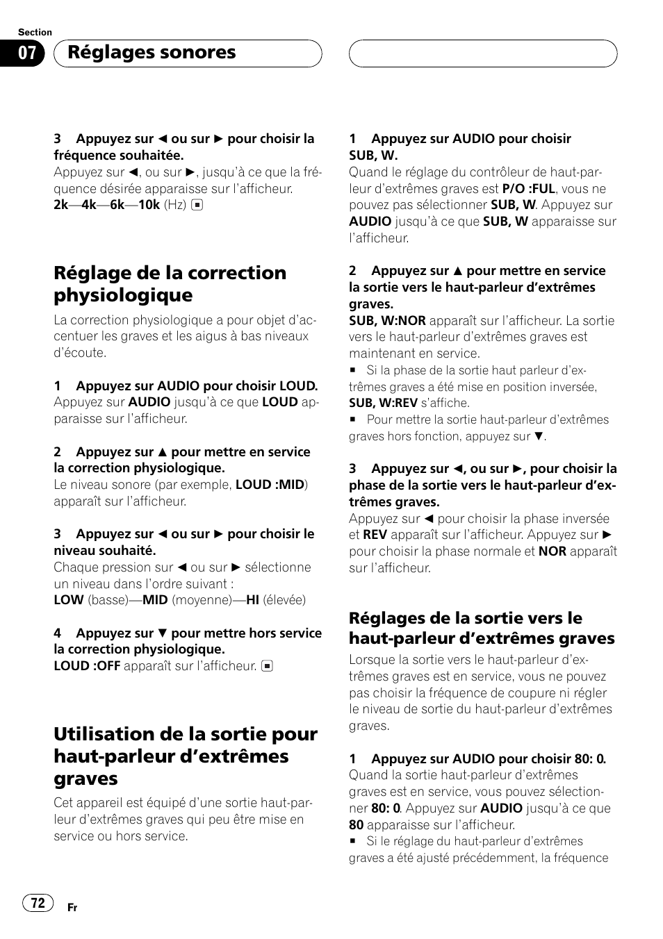 Dextrêmes graves 72, Réglages de la sortie vers le haut, Parleur dextrêmes graves 72 | Réglage de la correction physiologique, Réglages sonores | Pioneer DEH-P350 User Manual | Page 72 / 124