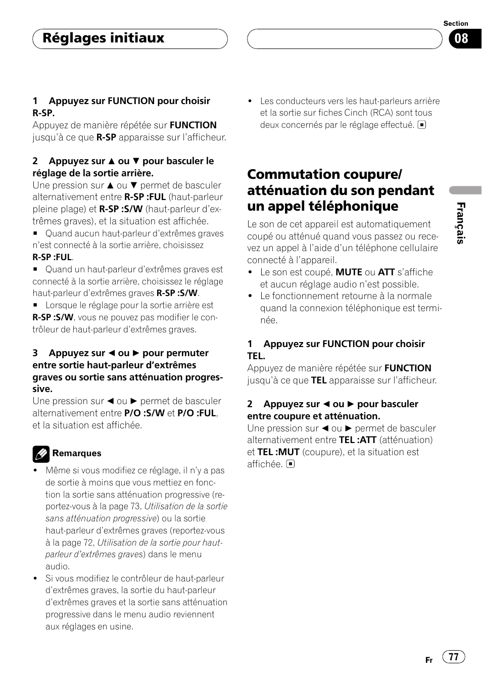 Commutation coupure/atténuation du son, Pendant un appel téléphonique 77, Réglages initiaux | Pioneer DEH-P350 User Manual | Page 77 / 124