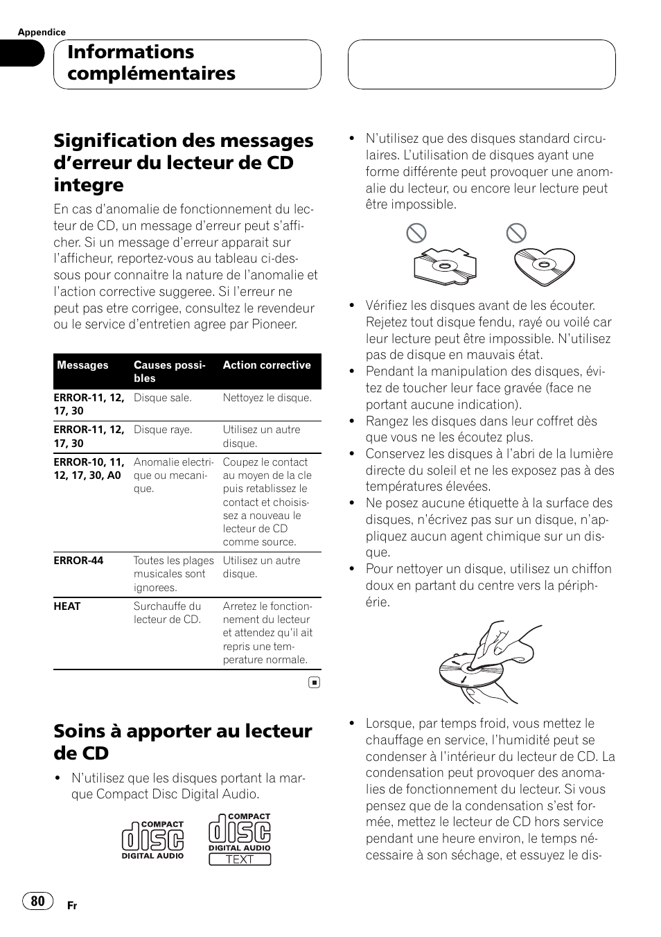Lecteur de cd integre 80, Soins à apporter au lecteur de cd 80, Soins à apporter au lecteur de cd | Informations complémentaires | Pioneer DEH-P350 User Manual | Page 80 / 124