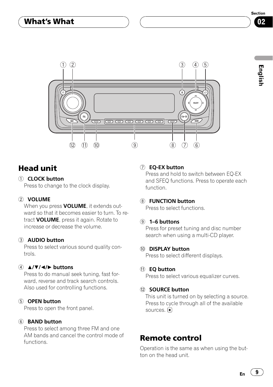 Whats what head unit 9 remote control 9, Head unit, Remote control | Whats what | Pioneer DEH-P350 User Manual | Page 9 / 124