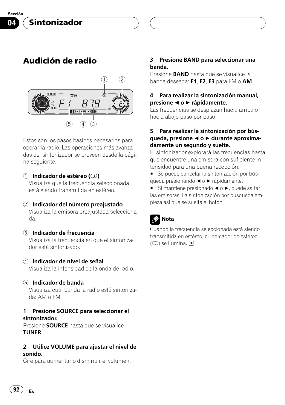 Sintonizador, Audición de radio 92, Audición de radio | Pioneer DEH-P350 User Manual | Page 92 / 124