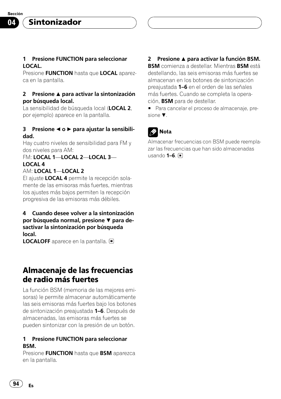 Almacenaje de las frecuencias de radio más, Fuertes 94, Almacenaje de las frecuencias de radio más fuertes | Sintonizador | Pioneer DEH-P350 User Manual | Page 94 / 124