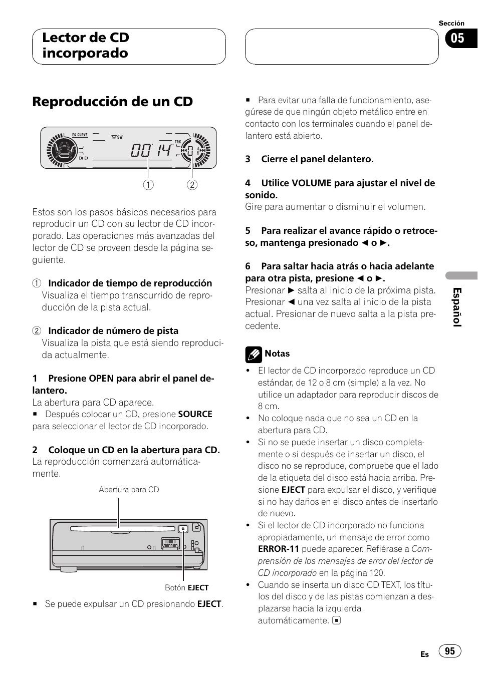 Lector de cd incorporado, Reproducción de un cd 95, Reproducción de un cd | Pioneer DEH-P350 User Manual | Page 95 / 124