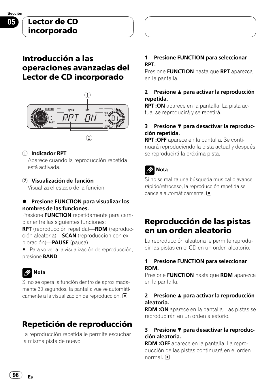 Introducción a las operaciones avanzadas, Del lector de cd incorporado 96, Repetición de reproducción 96 | Reproducción de las pistas en un orden, Aleatorio 96, Repetición de reproducción, Reproducción de las pistas en un orden aleatorio, Lector de cd incorporado | Pioneer DEH-P350 User Manual | Page 96 / 124