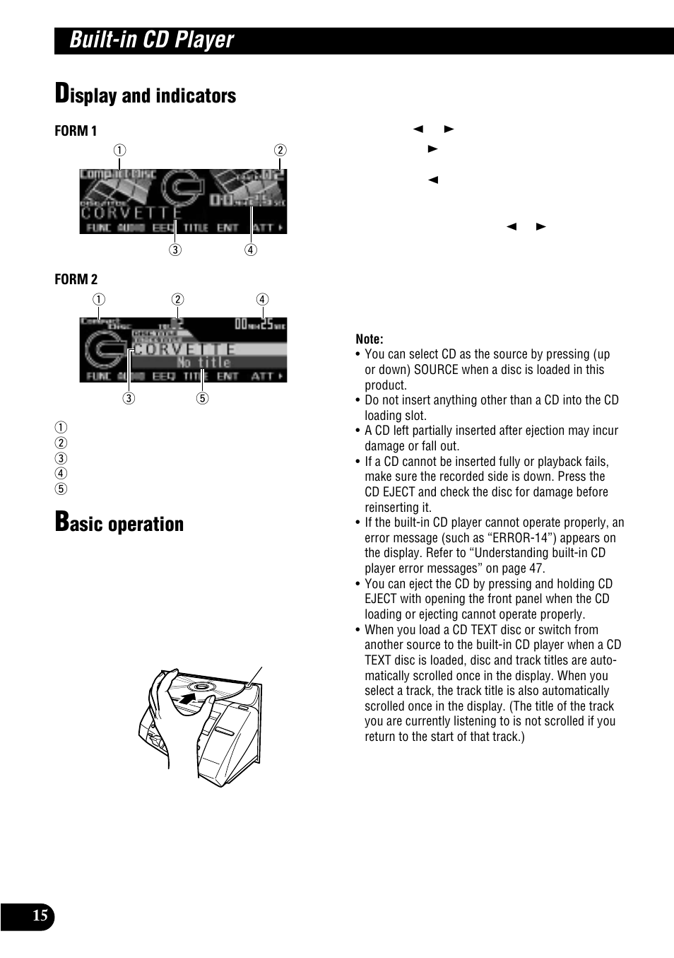 Built-in cd player, Display and indicators basic operation, Isplay and indicators | Asic operation | Pioneer MULTI-CD CONTROL DSP HIGH POWER CD/MD PLAYER WITH FM/AM TUNER FH-P8900MD User Manual | Page 16 / 60