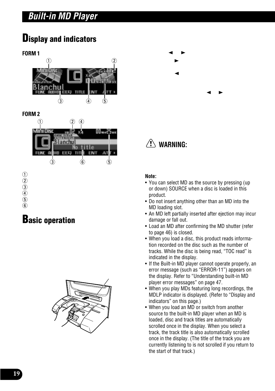 Built-in md player, Display and indicators basic operation, Isplay and indicators | Asic operation, Warning | Pioneer MULTI-CD CONTROL DSP HIGH POWER CD/MD PLAYER WITH FM/AM TUNER FH-P8900MD User Manual | Page 20 / 60