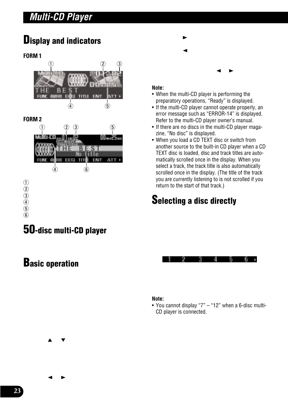 Multi-cd player, Isplay and indicators, Disc multi-cd player | Asic operation, Electing a disc directly | Pioneer MULTI-CD CONTROL DSP HIGH POWER CD/MD PLAYER WITH FM/AM TUNER FH-P8900MD User Manual | Page 24 / 60