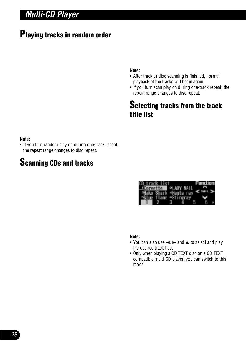 Multi-cd player, Laying tracks in random order, Canning cds and tracks | Electing tracks from the track title list | Pioneer MULTI-CD CONTROL DSP HIGH POWER CD/MD PLAYER WITH FM/AM TUNER FH-P8900MD User Manual | Page 26 / 60