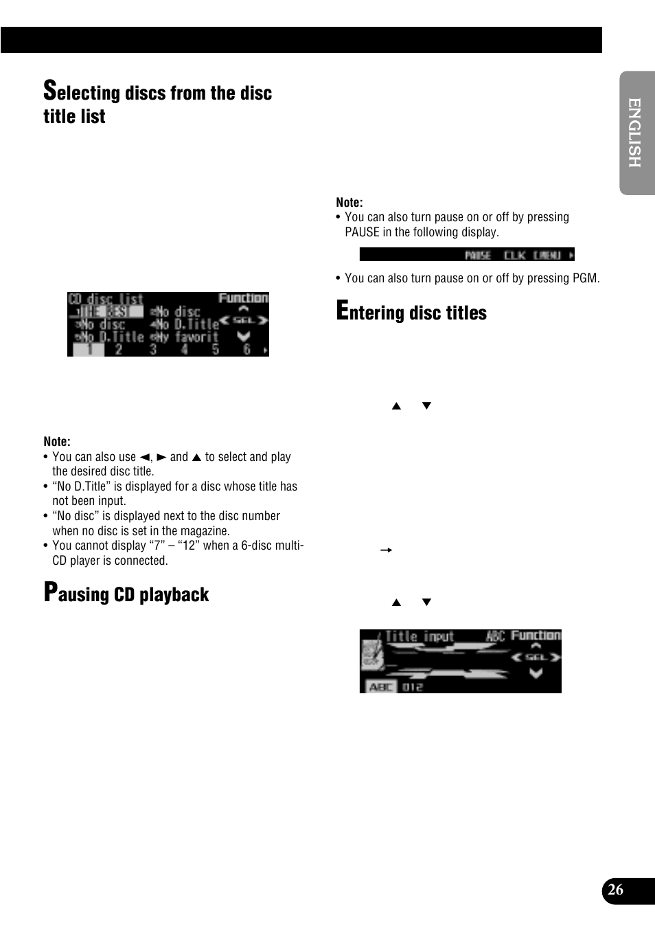 Electing discs from the disc title list, Ausing cd playback, Ntering disc titles | Pioneer MULTI-CD CONTROL DSP HIGH POWER CD/MD PLAYER WITH FM/AM TUNER FH-P8900MD User Manual | Page 27 / 60