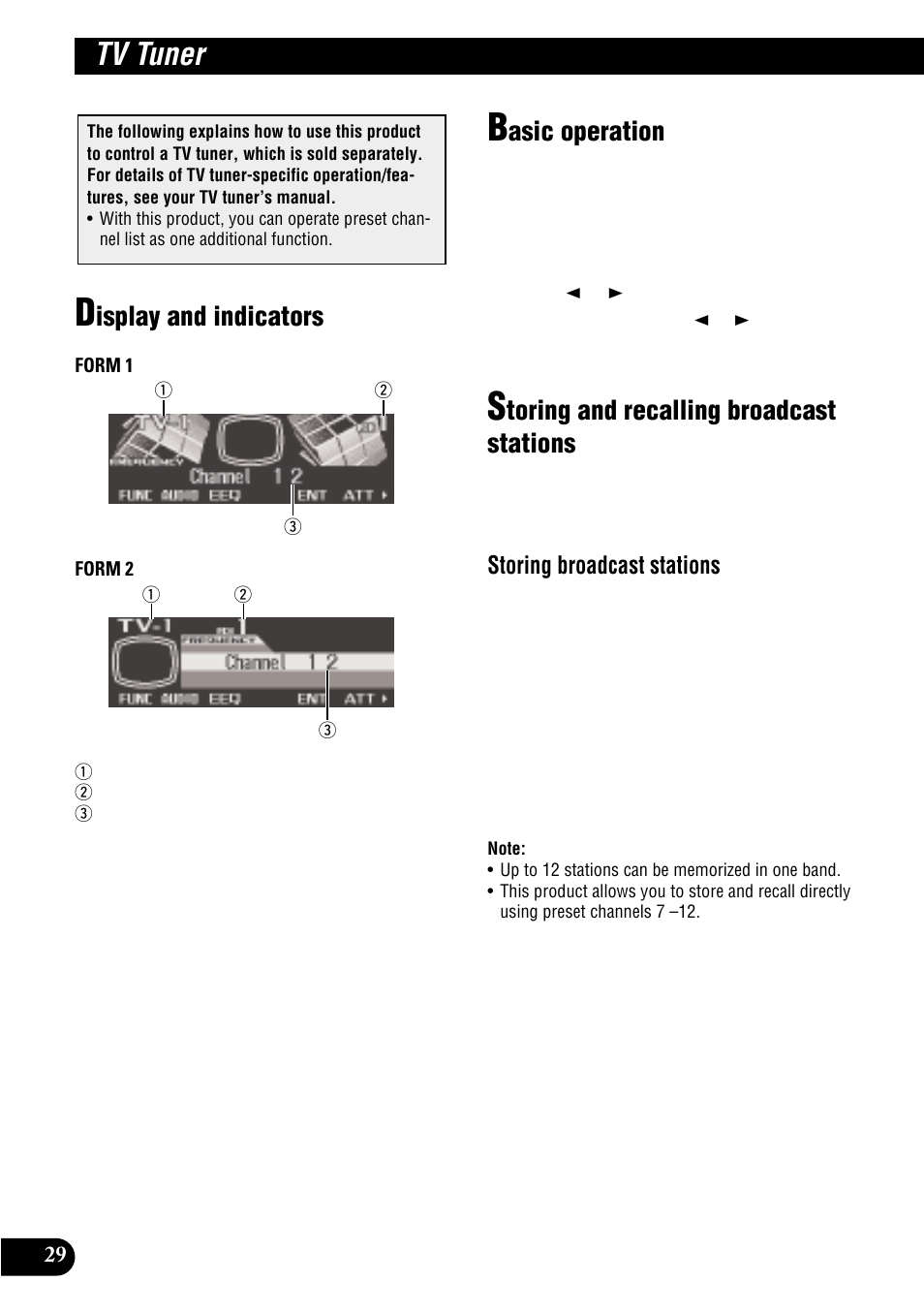 Tv tuner, Isplay and indicators, Asic operation | Toring and recalling broadcast stations, Storing broadcast stations | Pioneer MULTI-CD CONTROL DSP HIGH POWER CD/MD PLAYER WITH FM/AM TUNER FH-P8900MD User Manual | Page 30 / 60