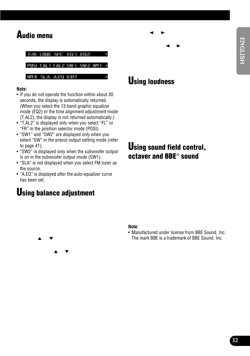 Sound, Udio menu, Sing balance adjustment | Sing loudness, Sing sound field control, octaver and bbe | Pioneer MULTI-CD CONTROL DSP HIGH POWER CD/MD PLAYER WITH FM/AM TUNER FH-P8900MD User Manual | Page 33 / 60